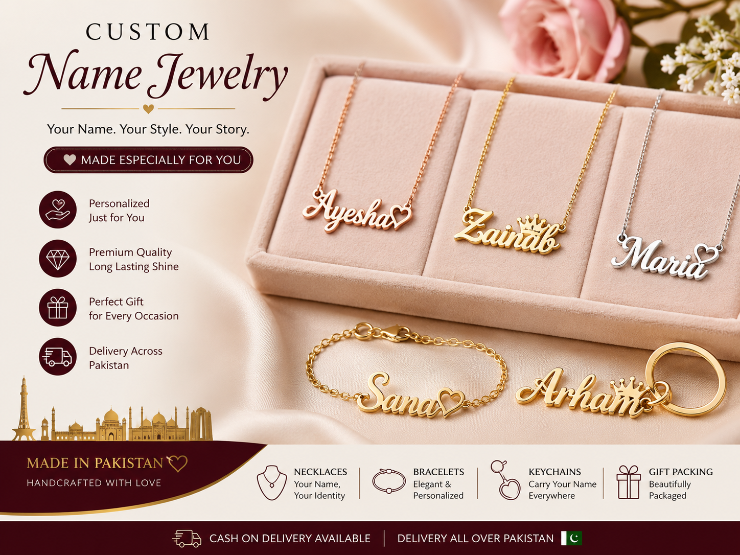 Custom name jewelry as personalized gifts in Pakistan