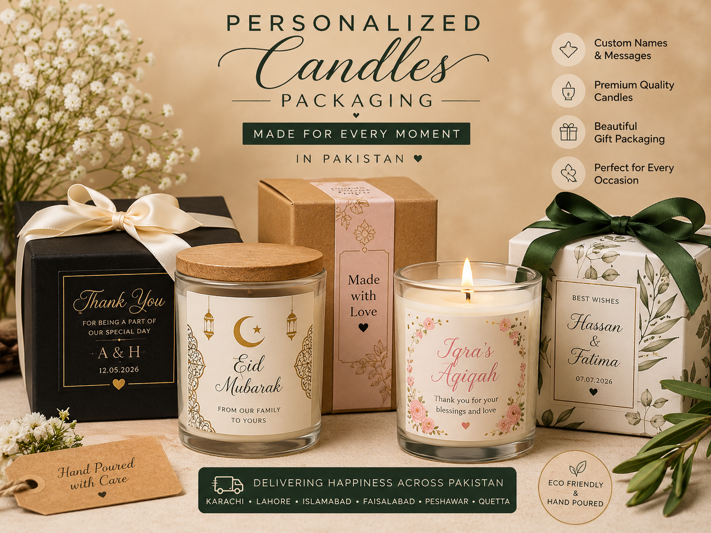 Customized candles for events with personalized gift packaging