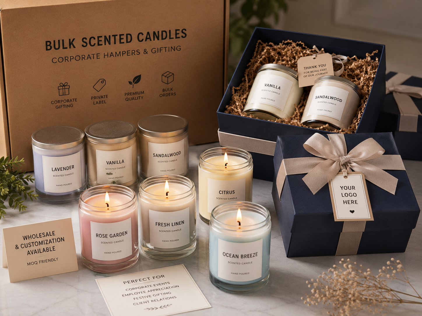 Bulk scented candles arranged inside corporate hampers
