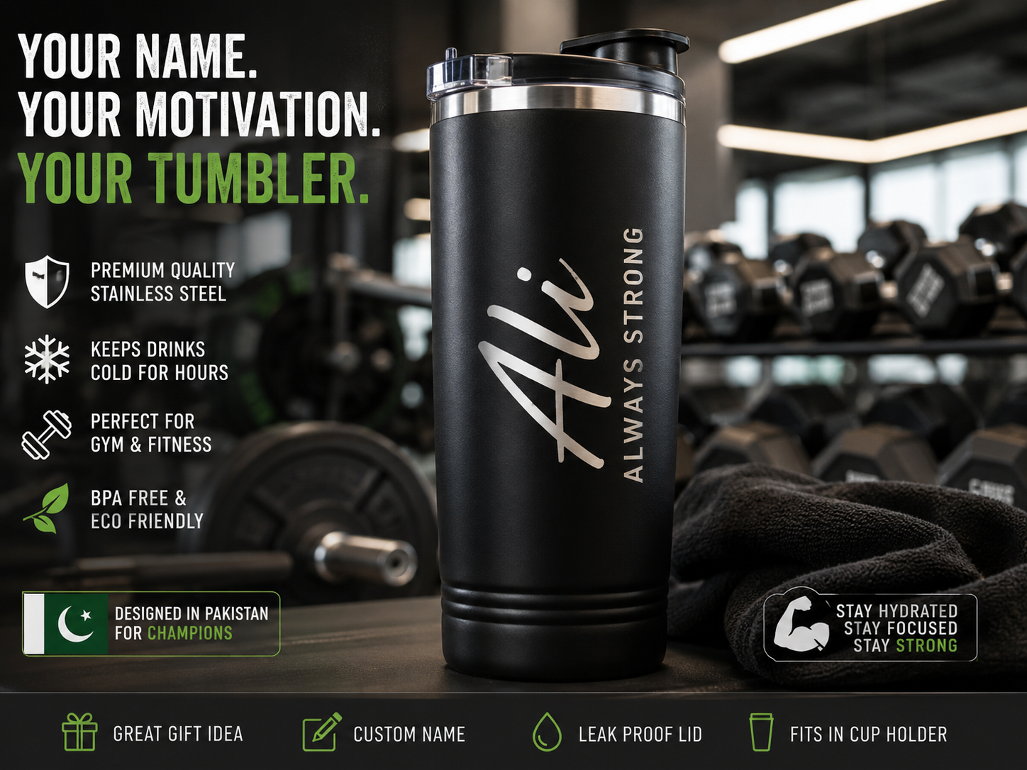 Custom name tumblers for gym hydration in Pakistan
