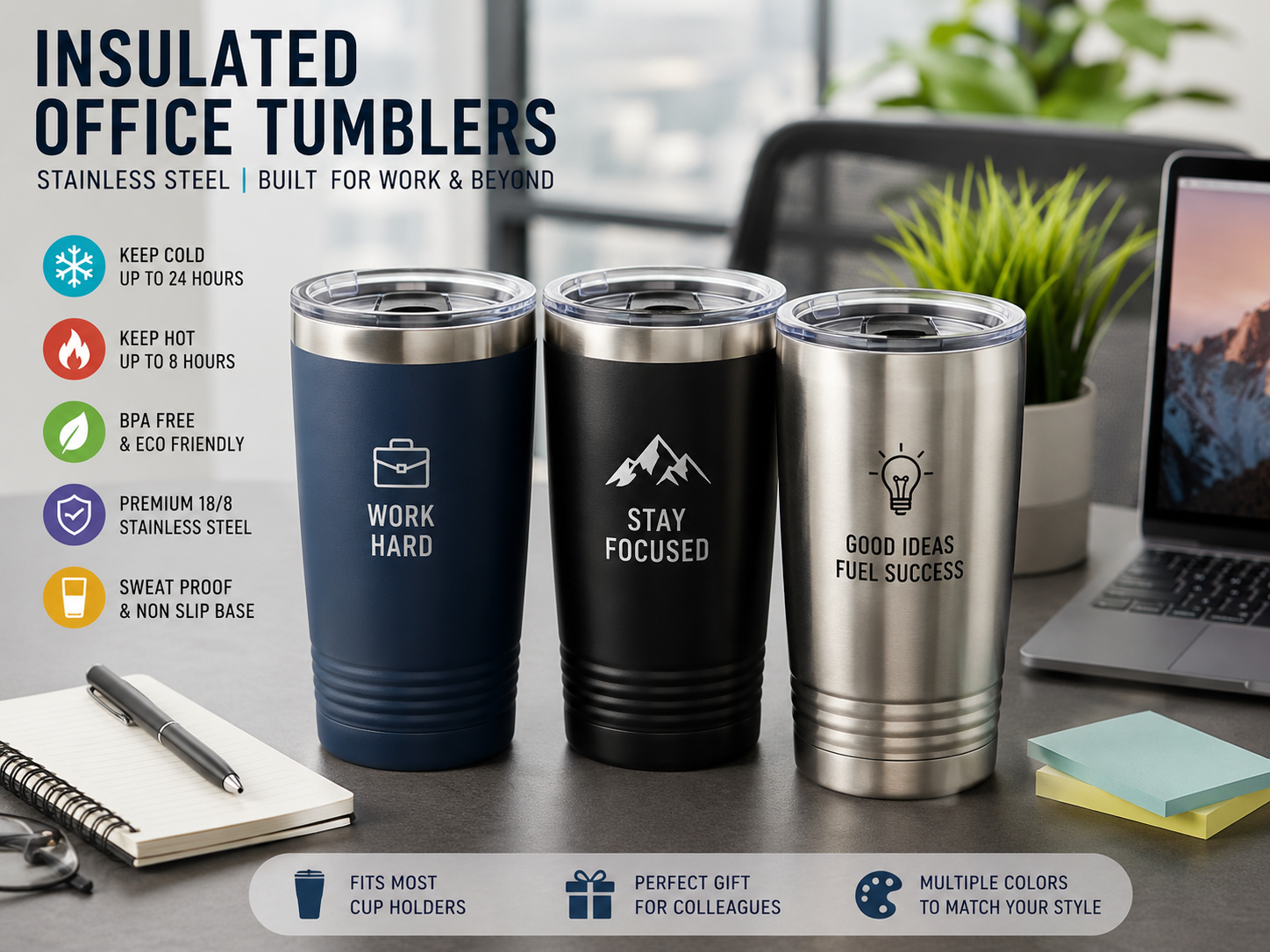 Insulated bulk tumblers for offices in stainless steel