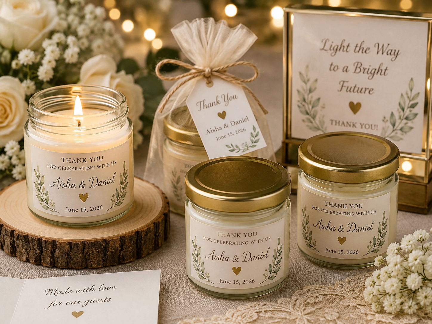 Customized candles for events as elegant wedding favors