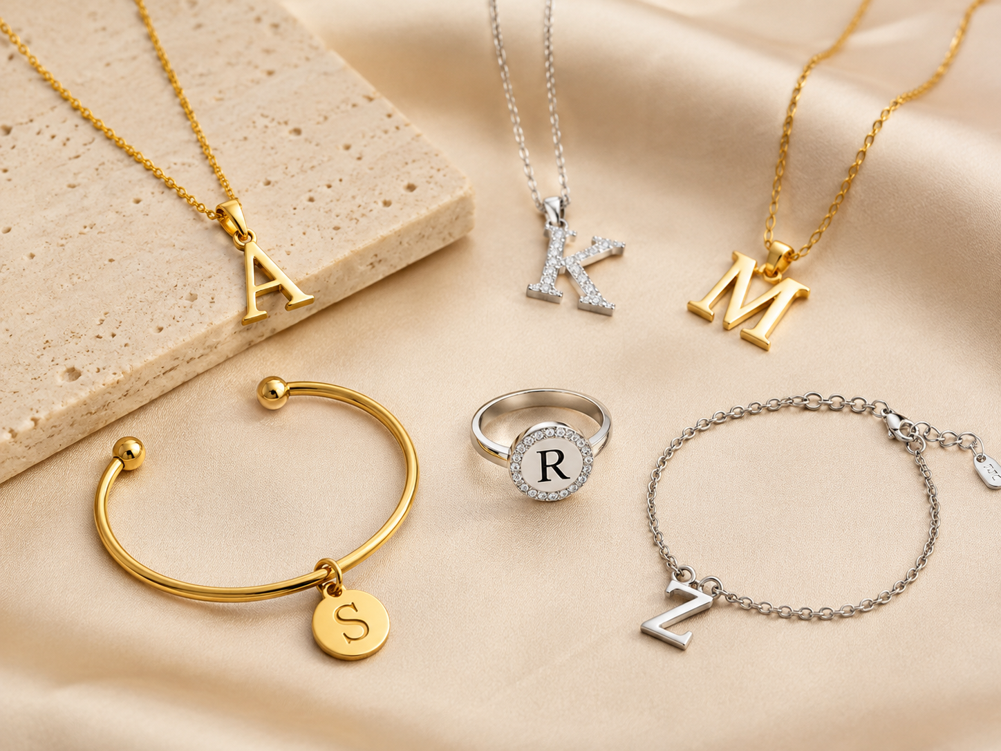 Gold and silver custom initial jewelry styles