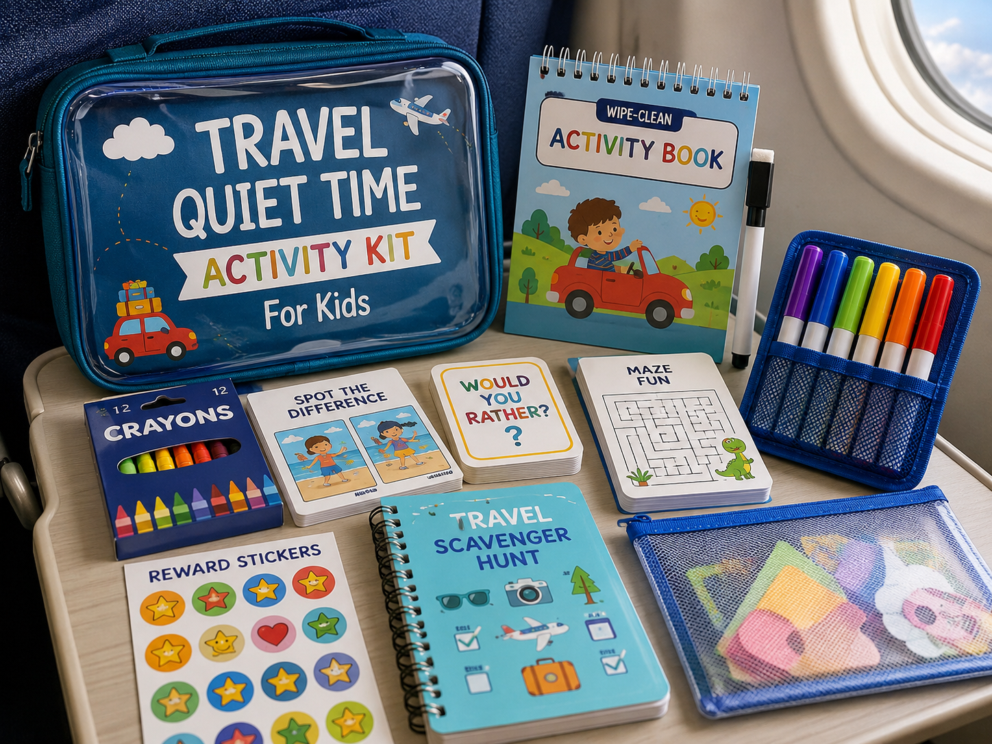 Portable quiet time activity kits for travelling kids