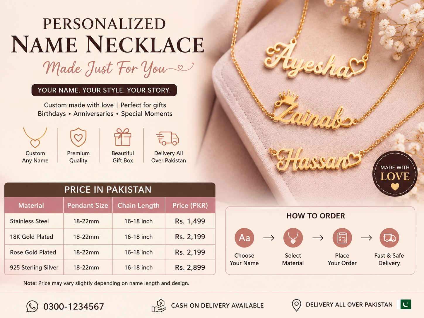 Personalized name necklaces in Pakistan price and designs