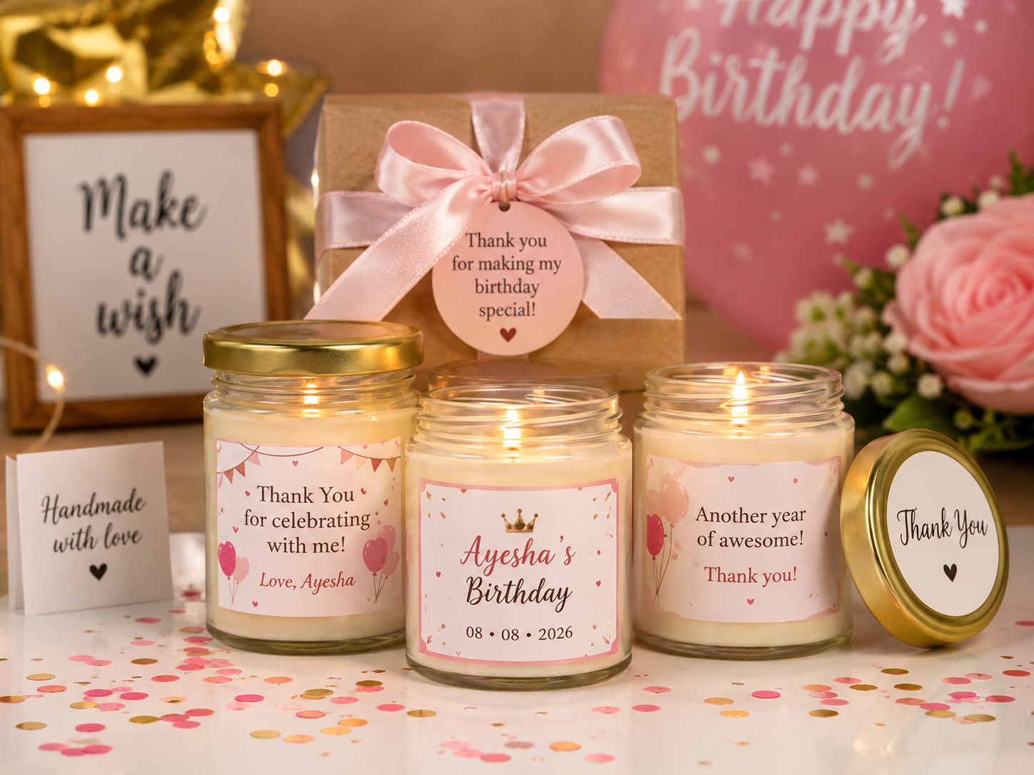 Customized candles for events used as birthday party favors