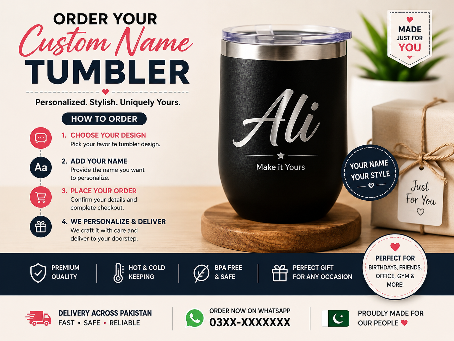 How to order custom name tumblers in Pakistan