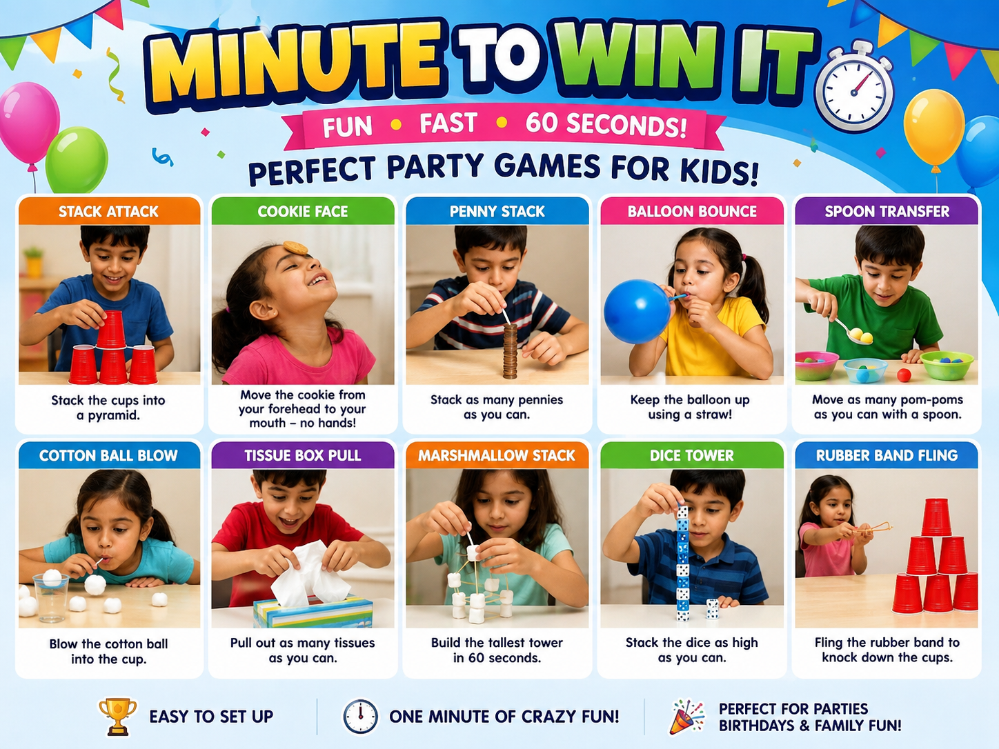 Minute-to-Win-It party games for kids at home