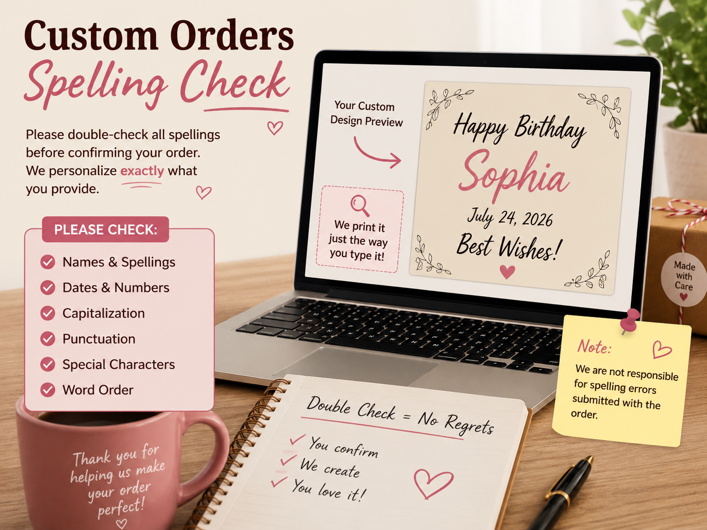 Spelling check for custom orders and personalized gifts