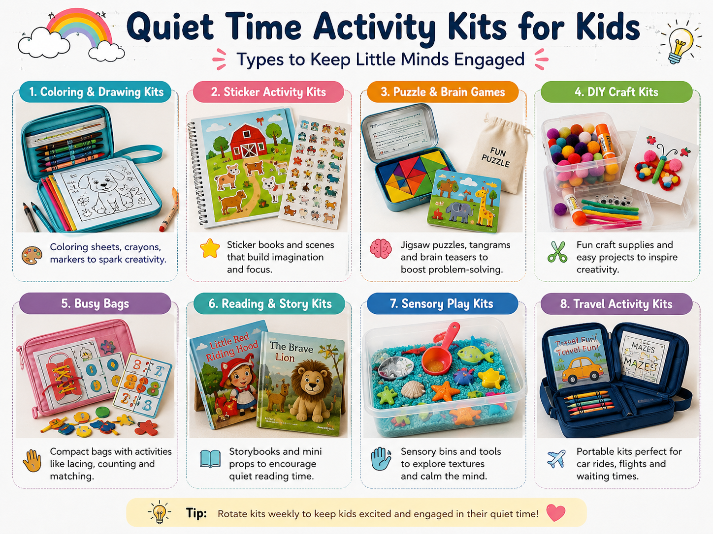 Different quiet time activity kits for toddlers and preschoolers