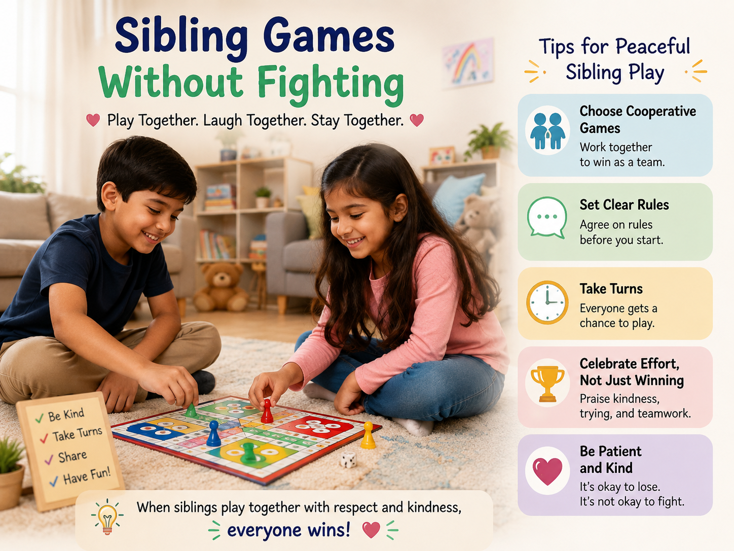 Parents helping children enjoy sibling games without fighting