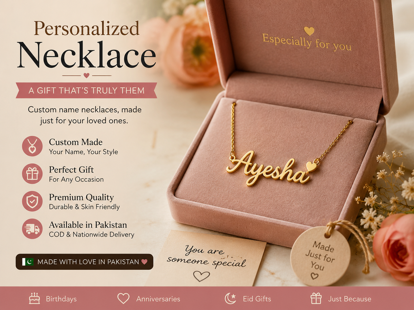 Personalized name necklace gift in Pakistan