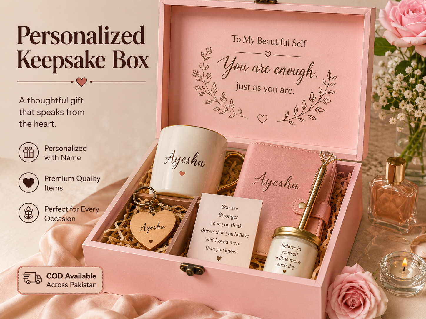 Personalized gifts for women including customized keepsake boxes
