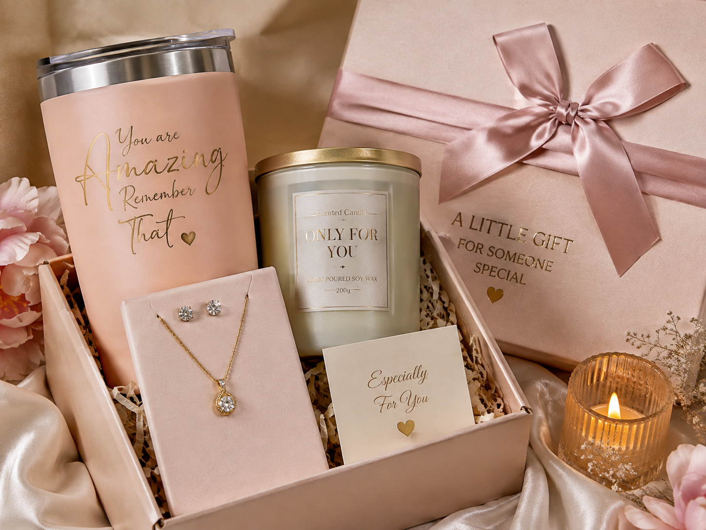 Personalized gift bundles featuring jewelry candle and tumbler