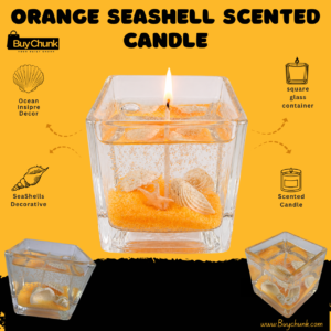 Orange seashell gel scented candle with decorative coastal styling for Pakistani homes