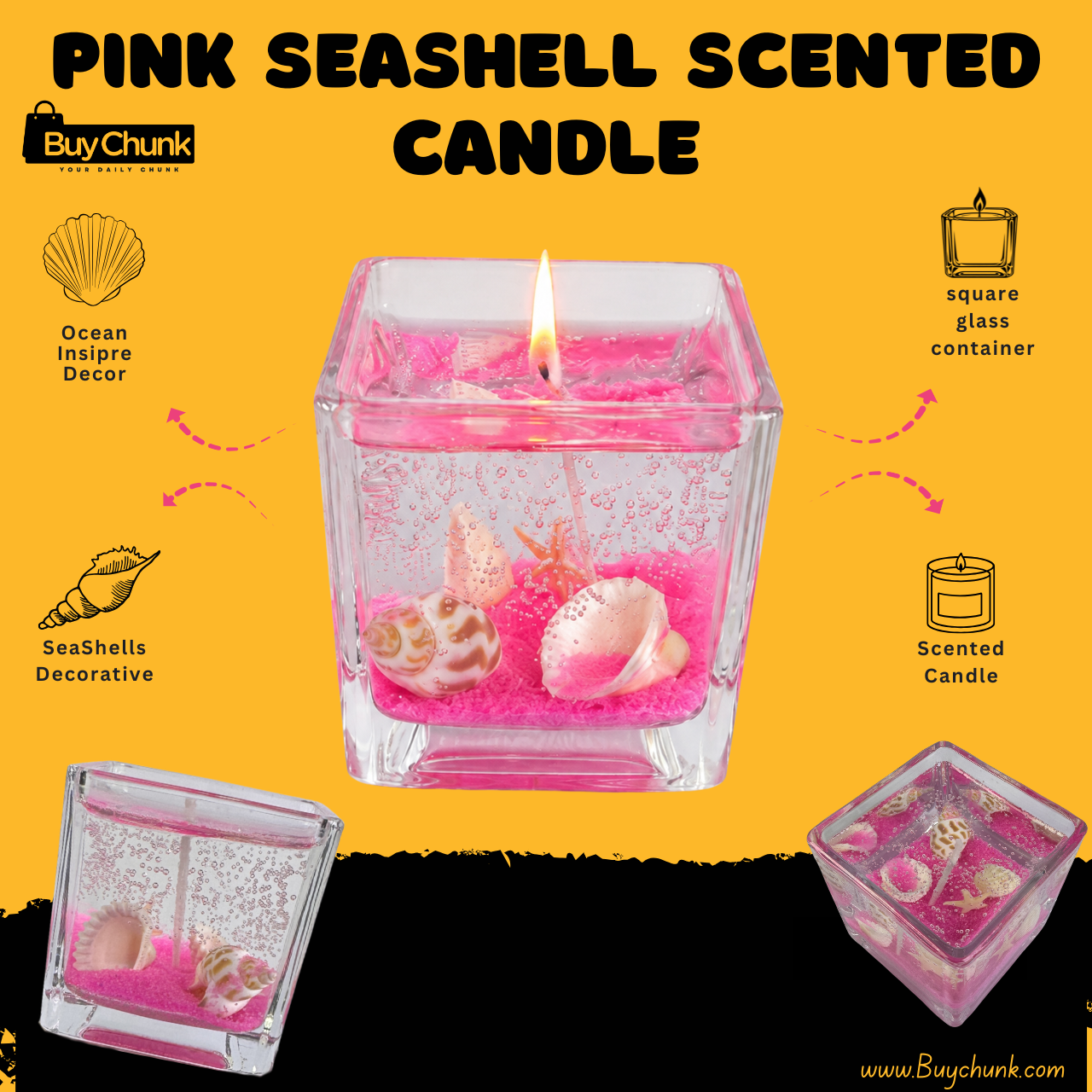 Pink Seashell Gel Scented Candle in Square Glass | Decorative Gel Candle 1 Pink seashell gel scented candle designed for elegant home décor and gifting