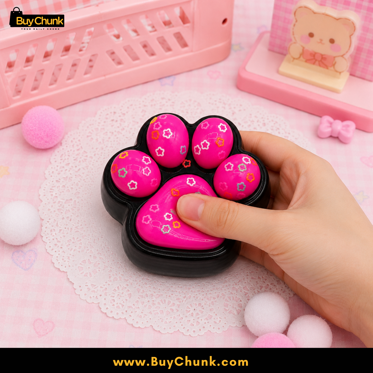 Cute Hot Pink Paw Squishy Toy | Stress Relief Fidget for Kids 3 Adorable paw-shaped squishy toy available for online delivery across Pakistan