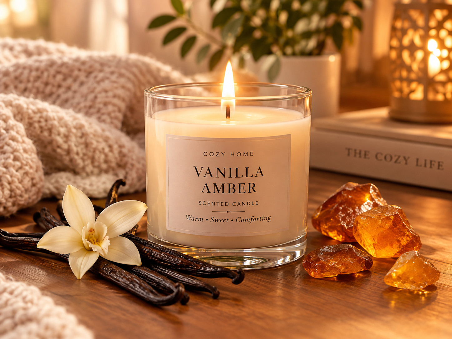 Cozy candle scents with vanilla amber and sandalwood