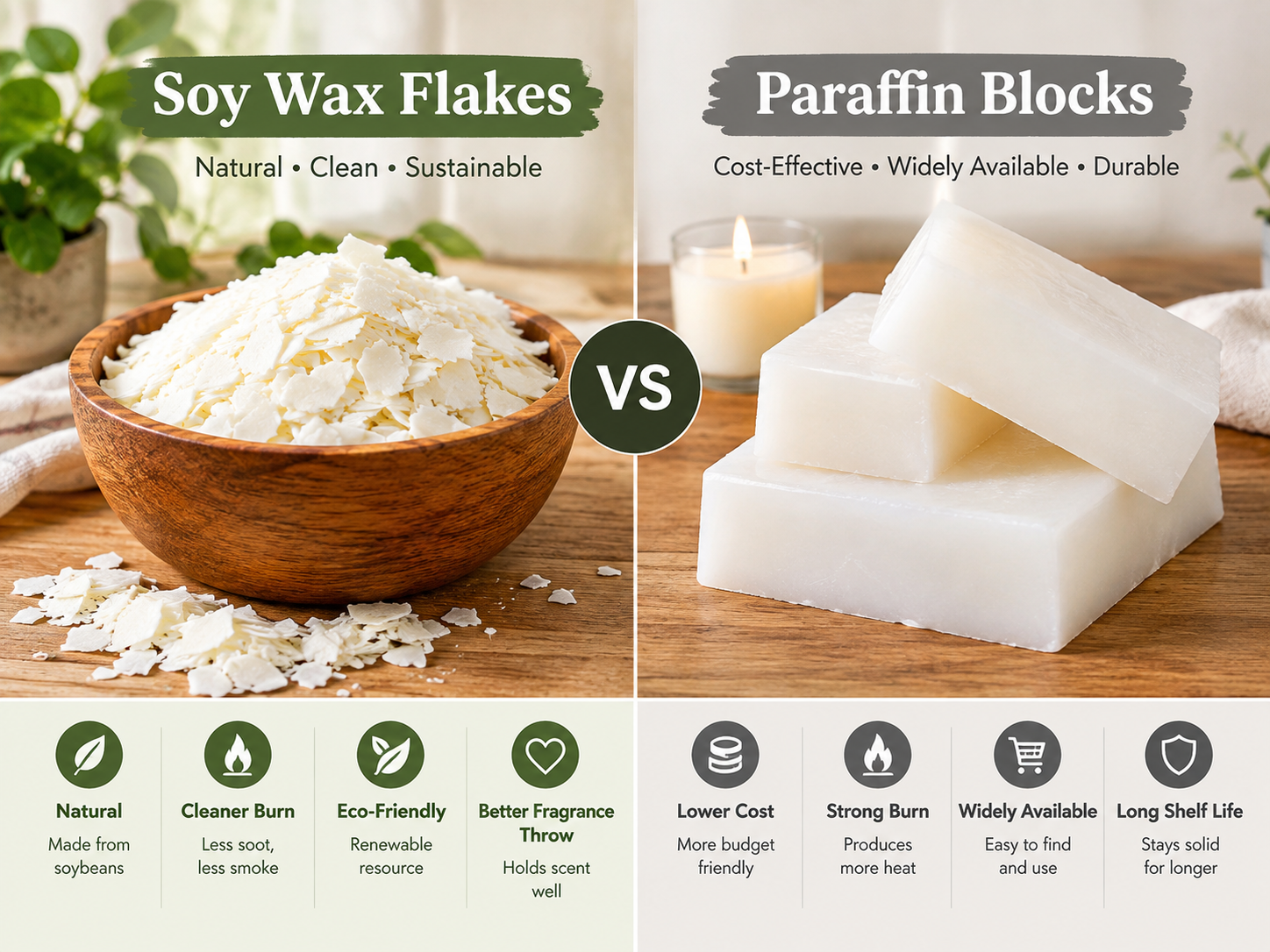 Soy wax vs paraffin in Pakistan showing wax flakes and blocks