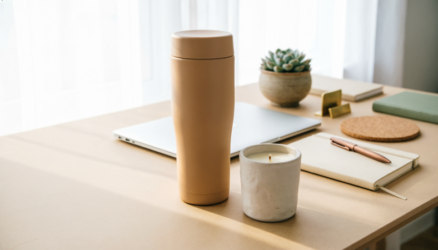 Aesthetic desk setup with tumbler and candle in Pakistan