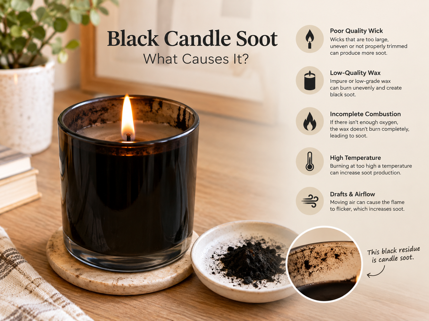 Candle soot and smoke caused by an overly long candle wick
