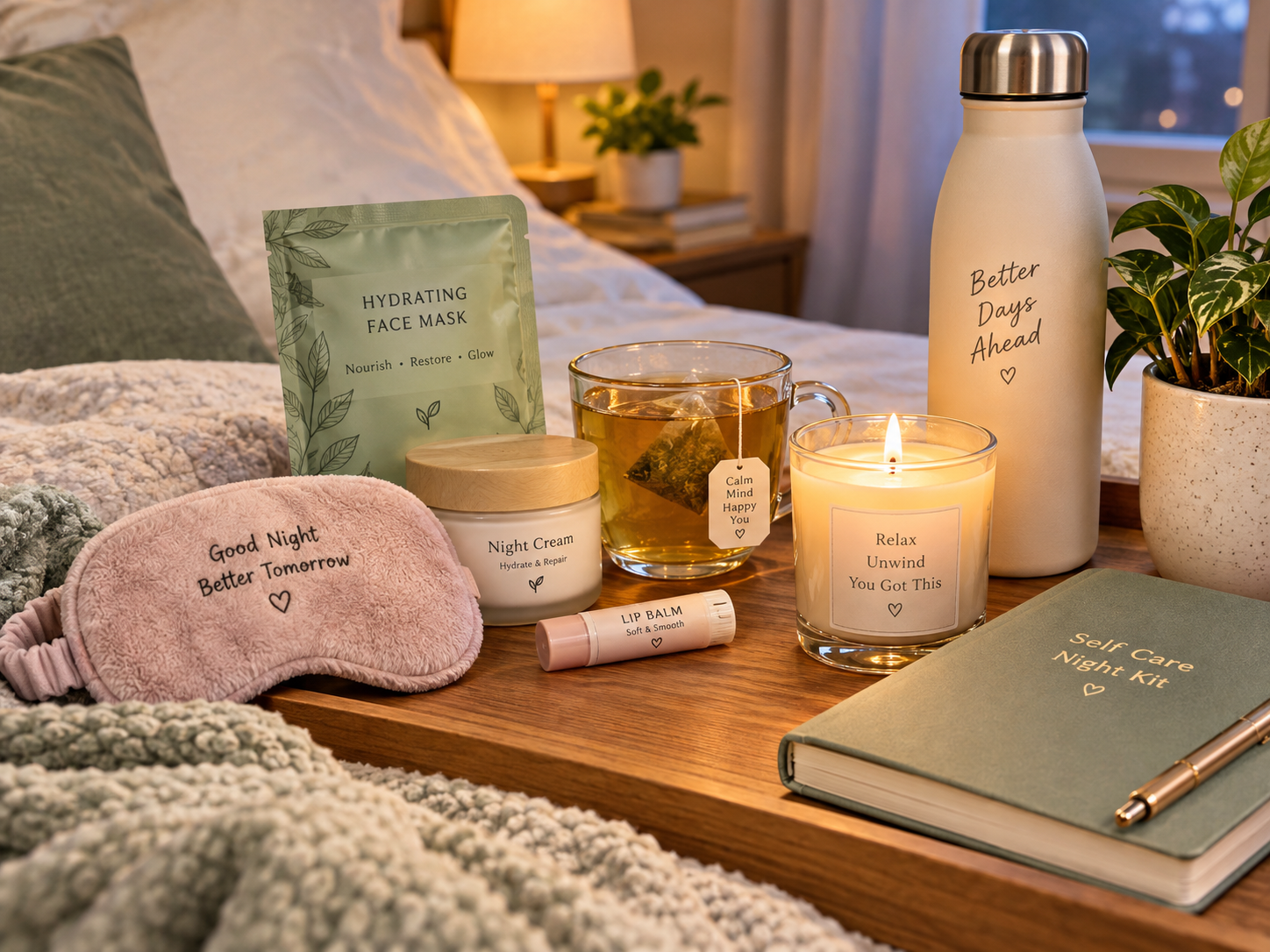 Self-care night kit essentials including beauty accessories