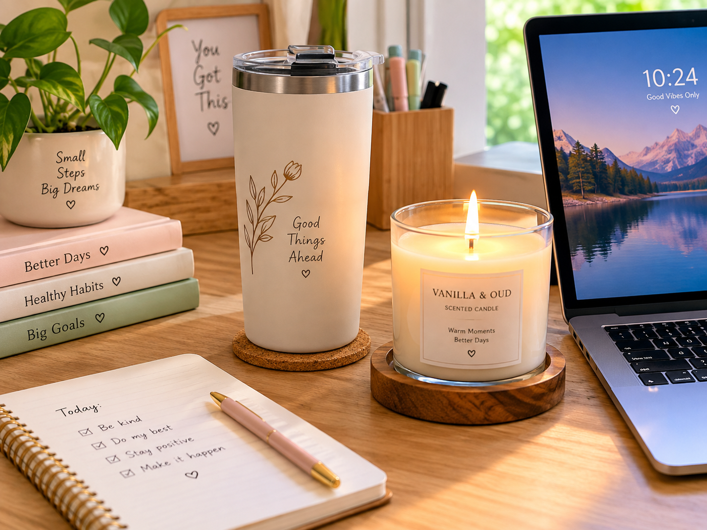 Tumbler and candle for an aesthetic desk setup