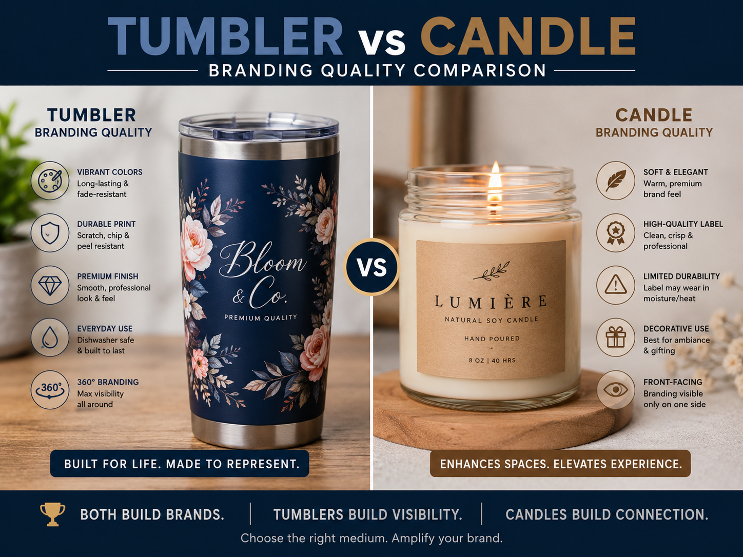 Branding quality guide comparison of tumbler prints and candle labels
