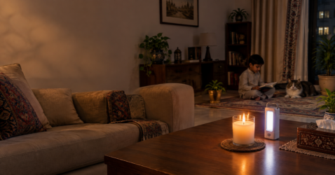 Candle safety in Pakistani homes with candle safely placed away from curtains