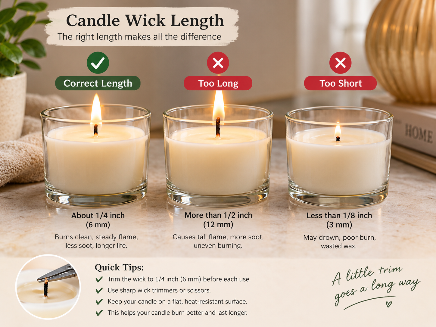 Correct wick length for reducing candle soot and smoke