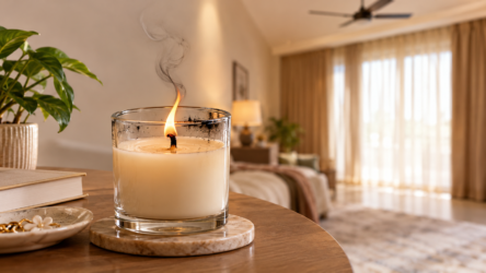 Candle Soot and Smoke: Wick, Headache & Burning FAQs 60 Candle soot and smoke FAQ guide showing burning candle and wick