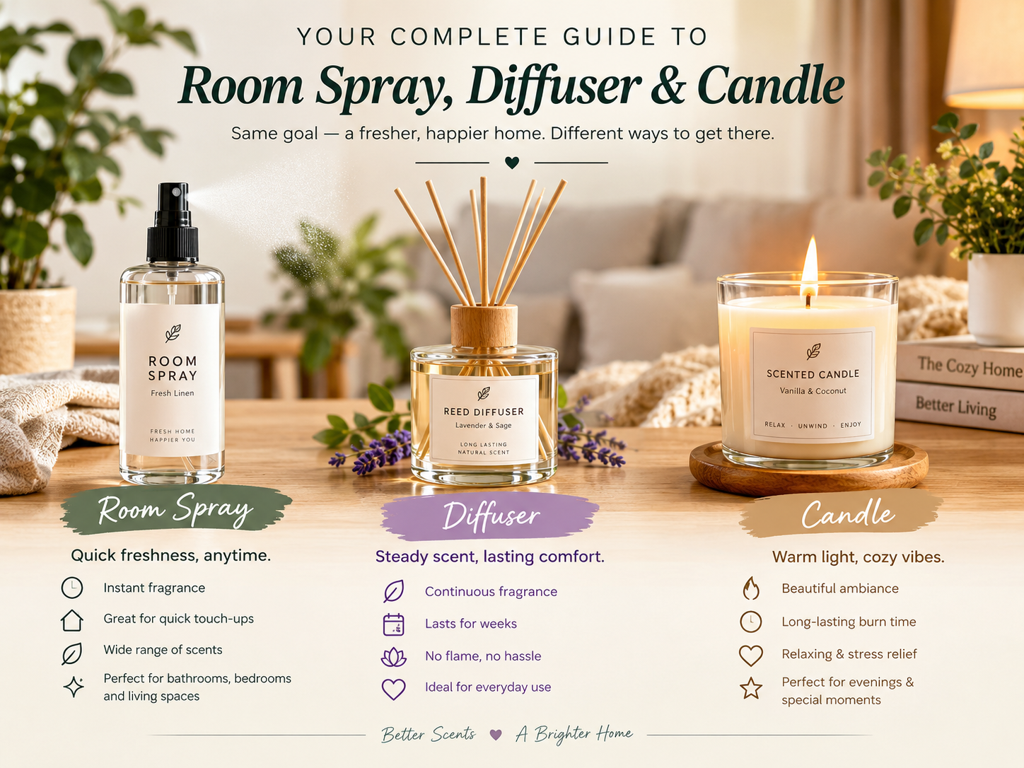 Bedroom vs lounge vs bathroom scents using sprays diffusers and candles
