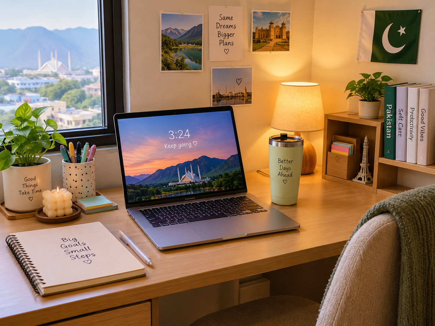 Small aesthetic desk setup Pakistan with tumbler and candle