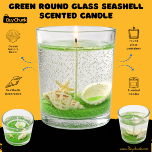 Green round seashell gel scented candle displayed as elegant coastal home décor
