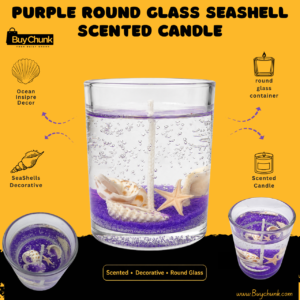 Purple round seashell gel scented candle displayed as elegant decorative home décor