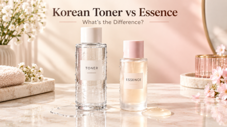 Korean Toner vs Essence: What's the Difference. 36 Korean Toner vs Essence comparison showing two skincare bottles.