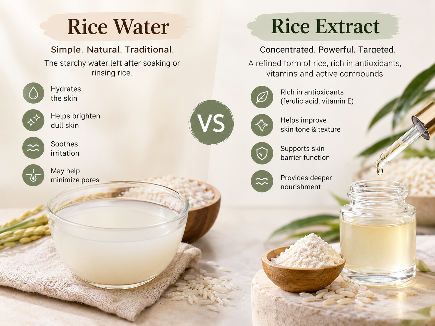 Rice-based skincare comparison featuring rice water and formulated rice serum.