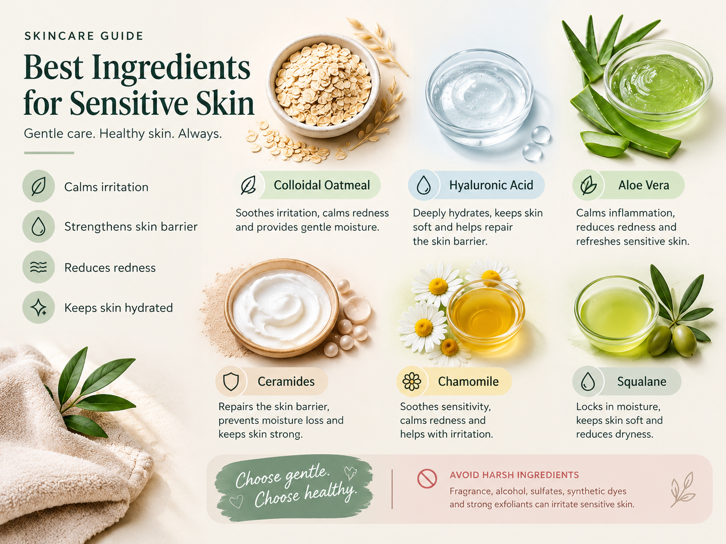 Best ingredients for sensitive skin featuring moisturizing creams and hydrating serums