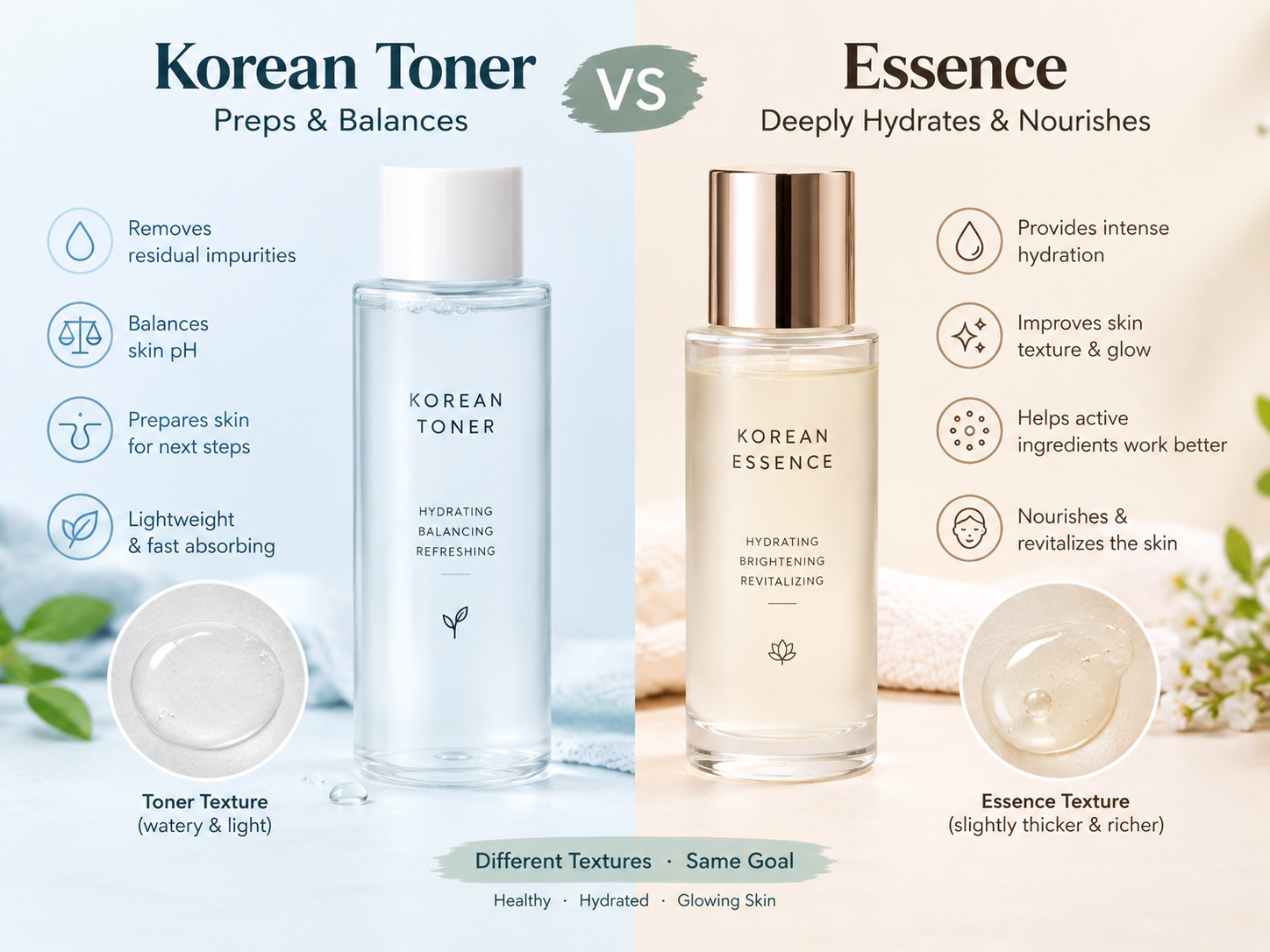 Korean Toner vs Essence comparison featuring a hydrating essence texture.