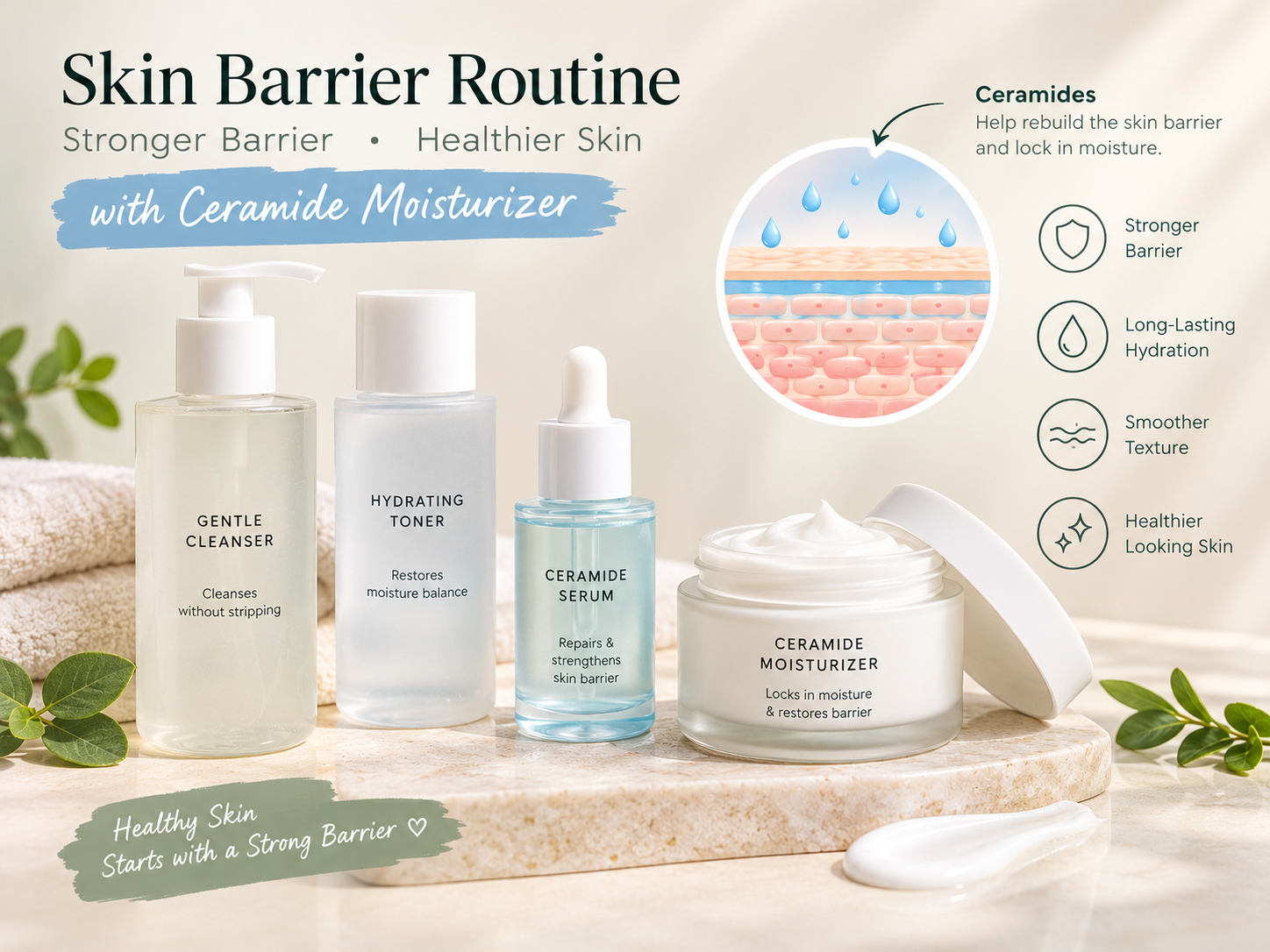 Skin barrier routine featuring ceramide moisturizer and hydrating skincare ingredients.