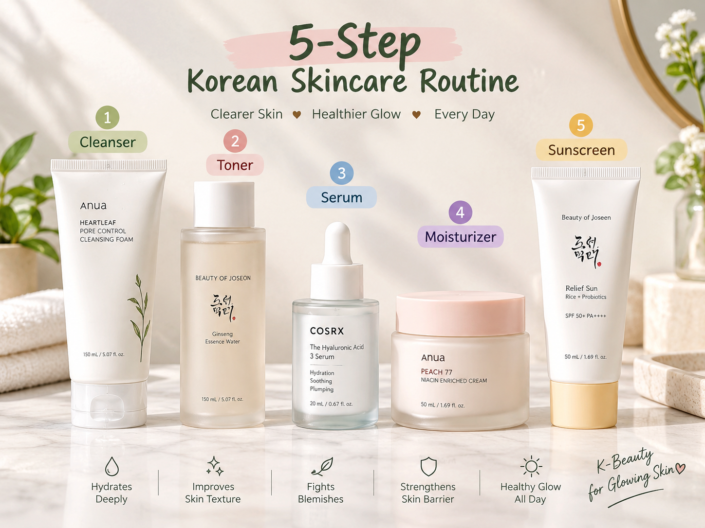 5-step vs 10-step Korean skincare showing five essential products