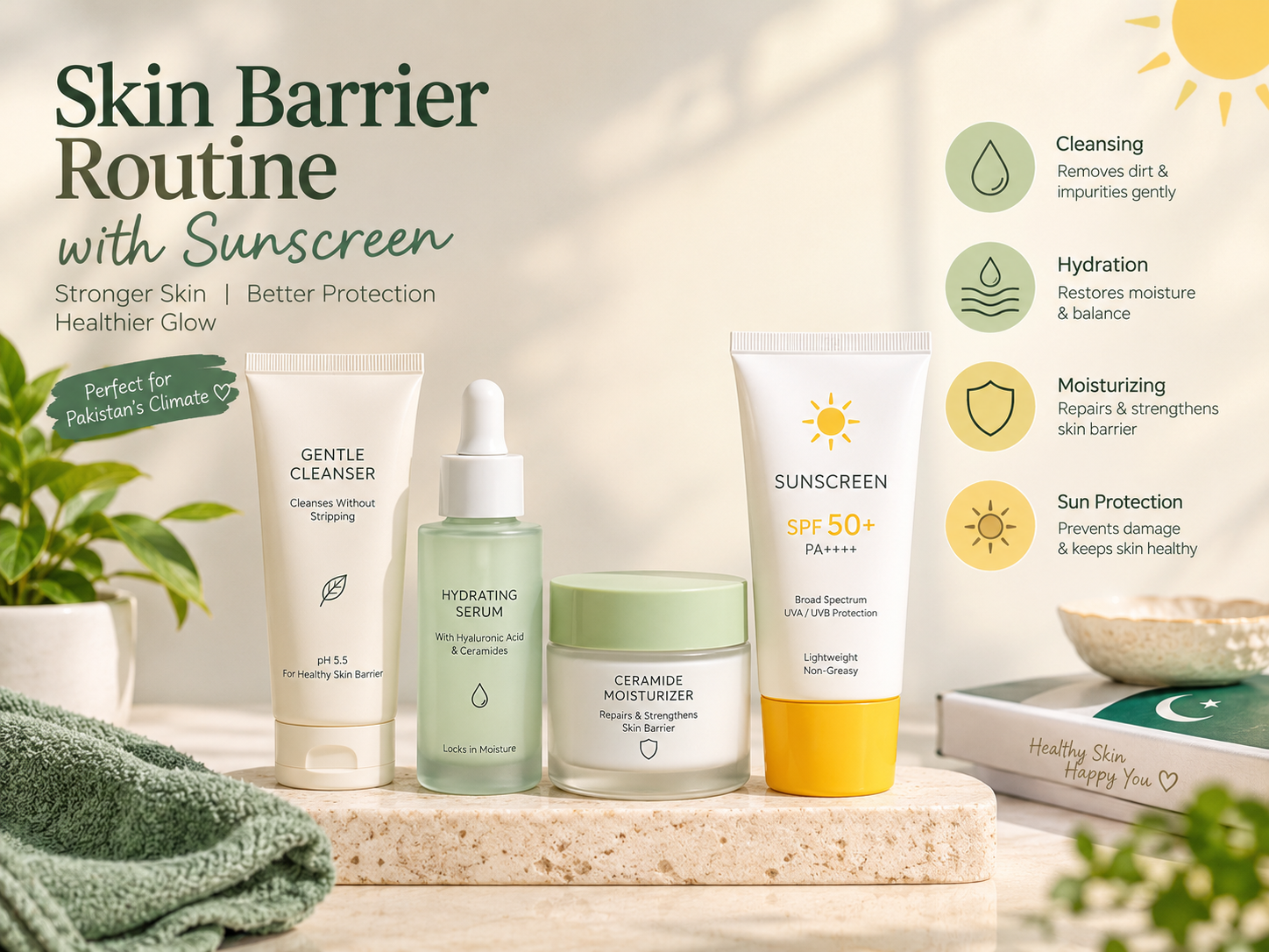 Skin barrier routine using broad-spectrum sunscreen for acne-prone skin in Pakistan.