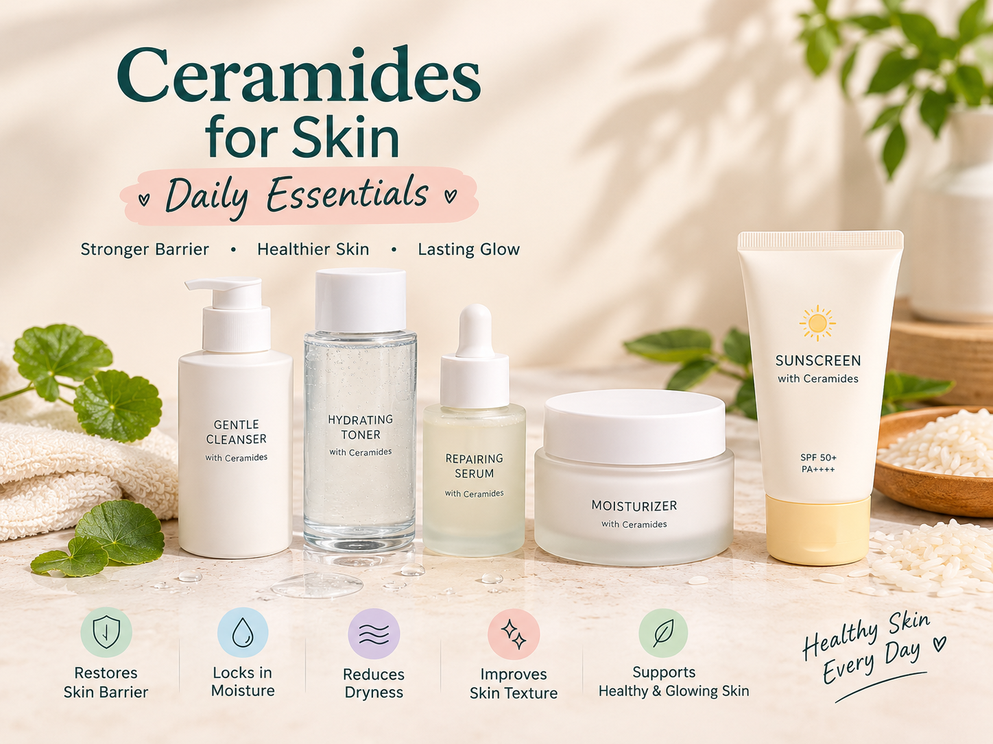 Ceramides for Skin: Complete Beginner Guide in Pakistan 5 Ceramides for skin daily essentials alongside gentle cleanser and sunscreen