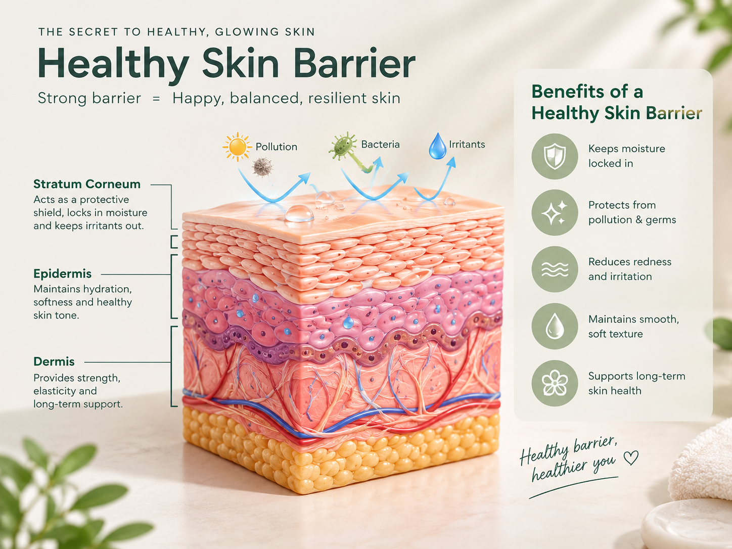 Healthy skin barrier structure explaining signs your skin barrier is damaged.