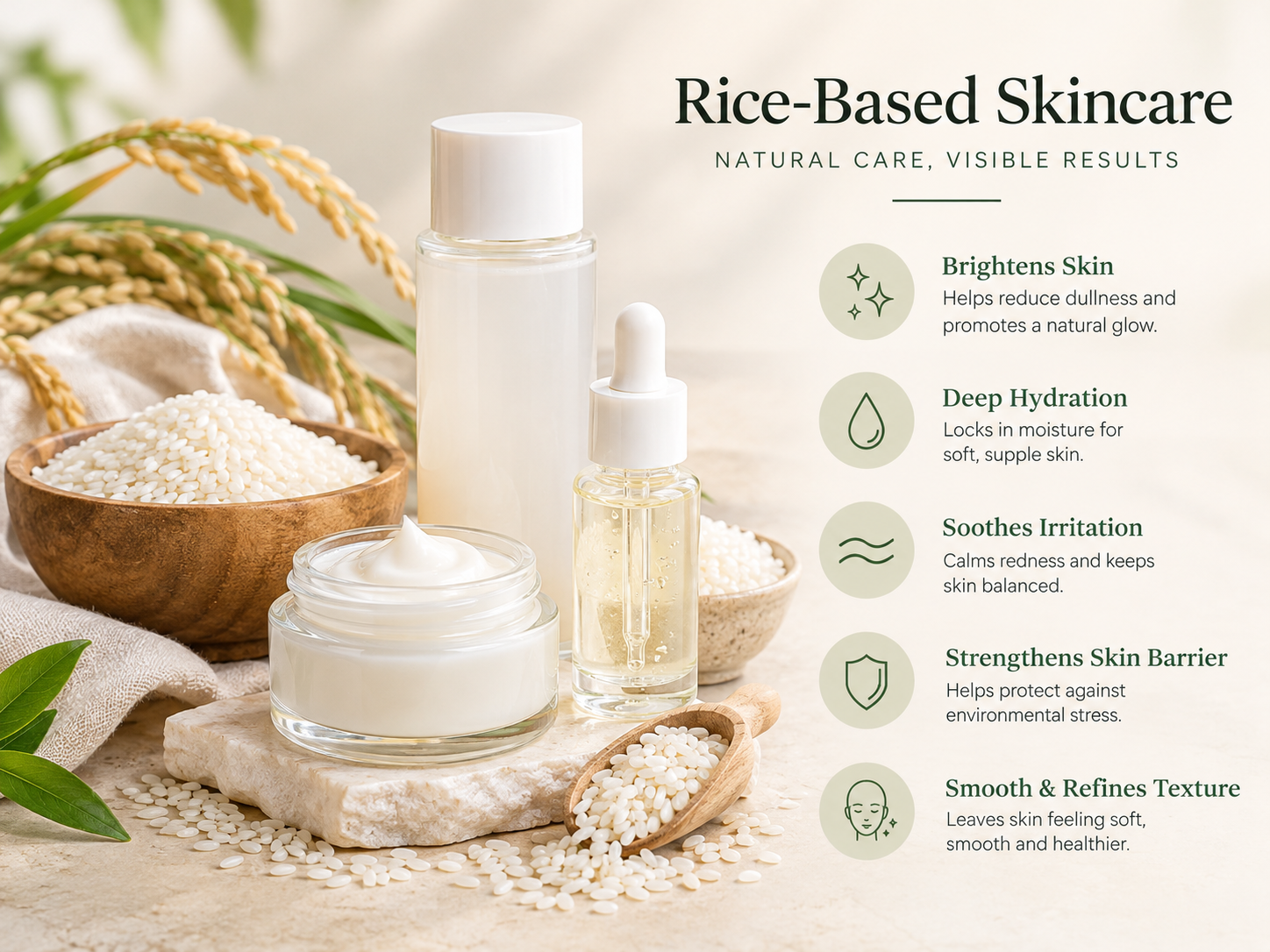 Woman using rice-based skincare toner for a hydrated-looking complexion.