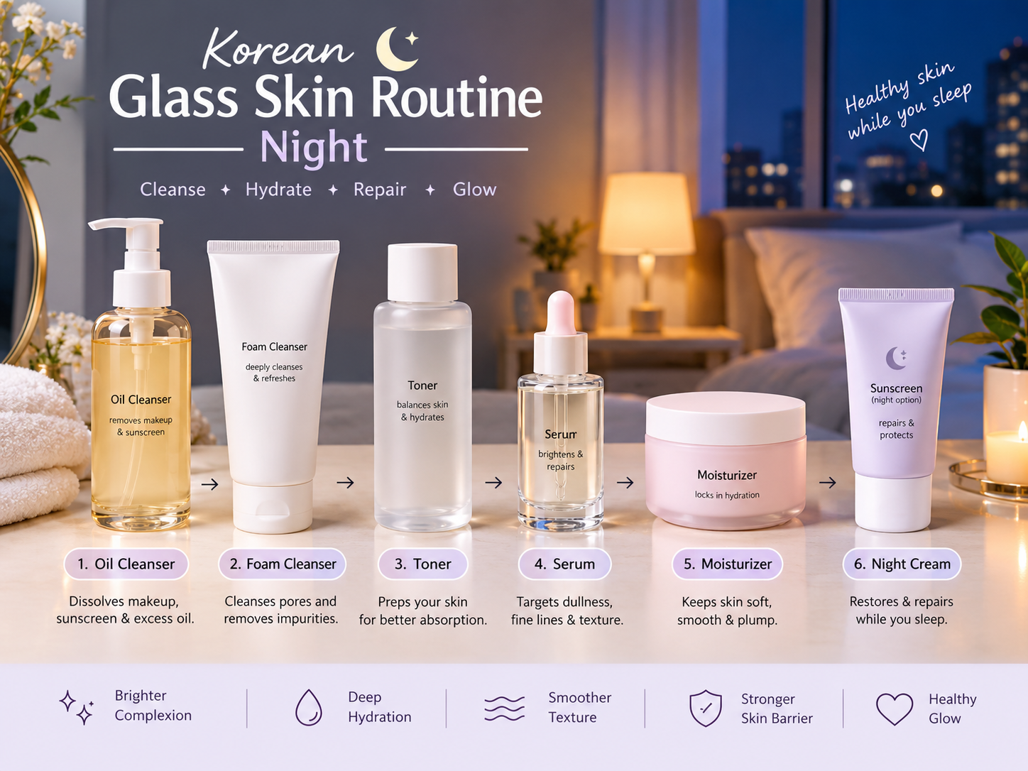 Korean glass skin routine night skincare steps for Pakistani skin