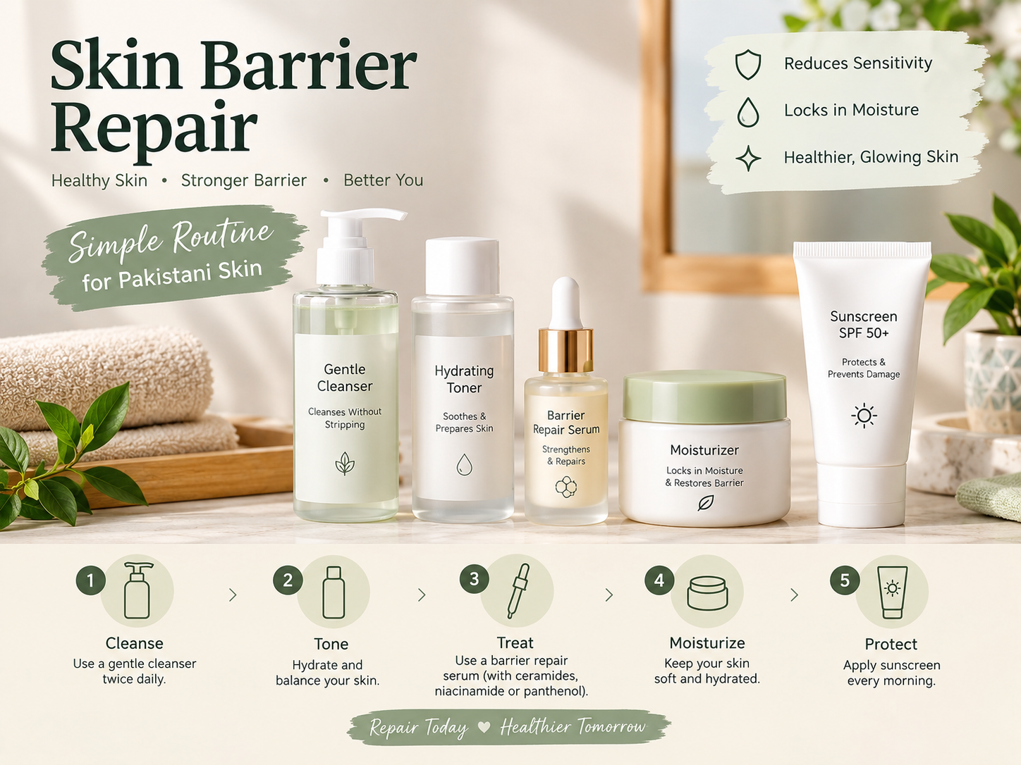 Skin barrier repair in Pakistan routine with cleanser, moisturizer and sunscreen.
