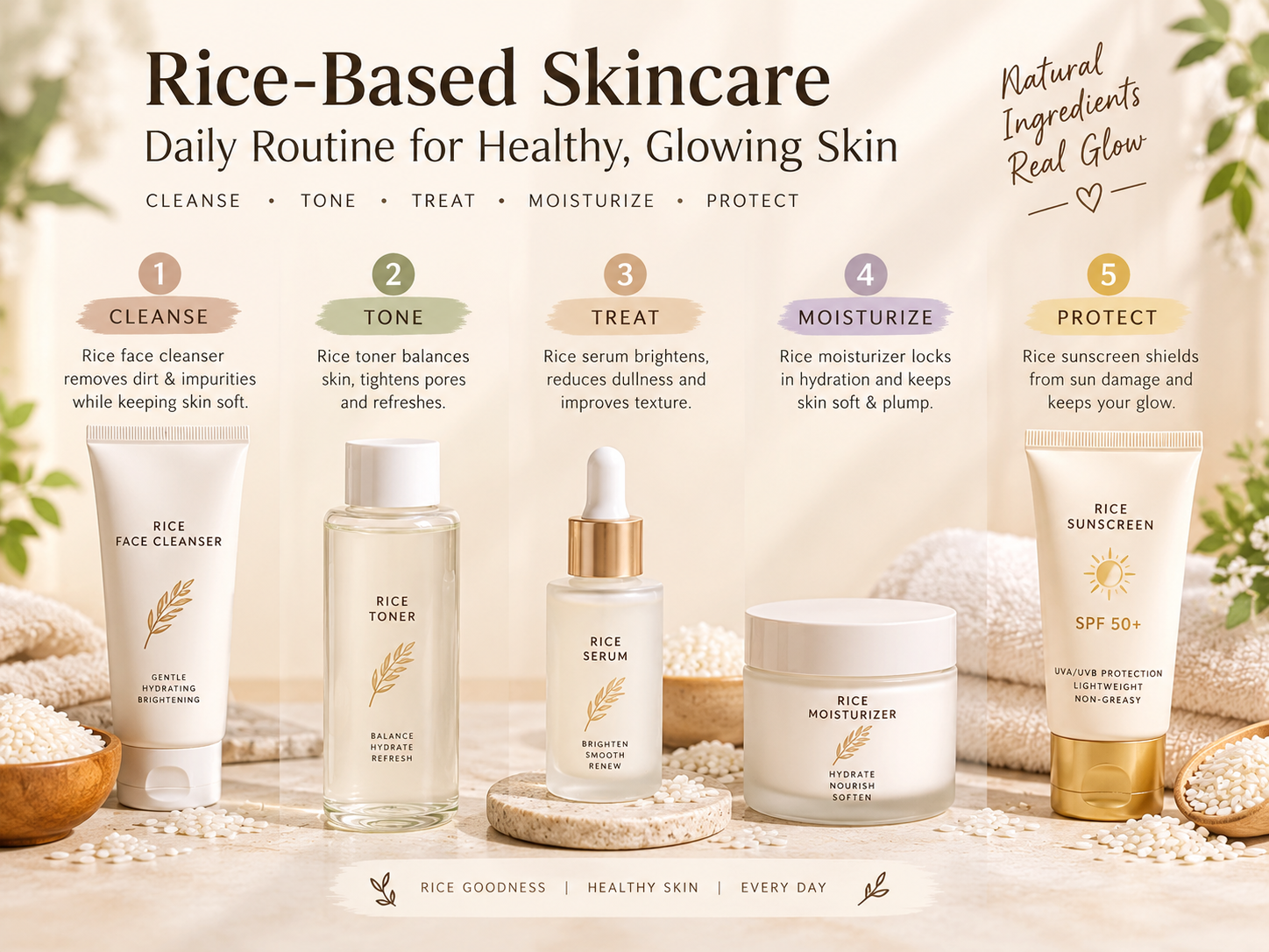 Rice-based skincare morning routine with cleanser, toner, moisturizer and sunscreen.