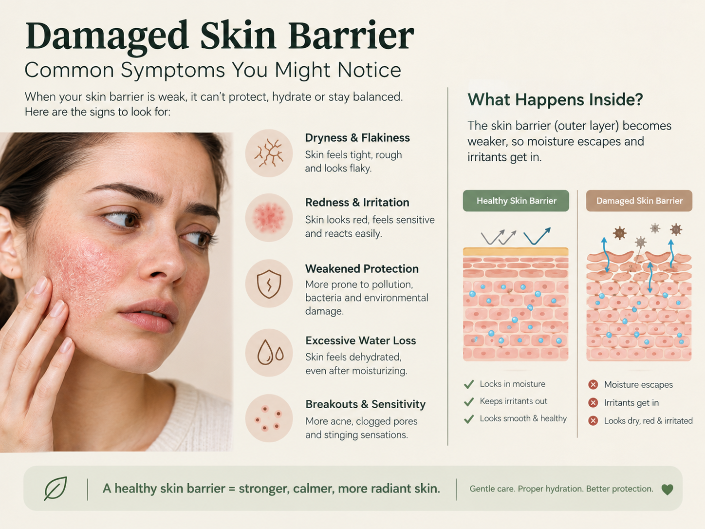 Signs your skin barrier is damaged including dryness and flaky skin.