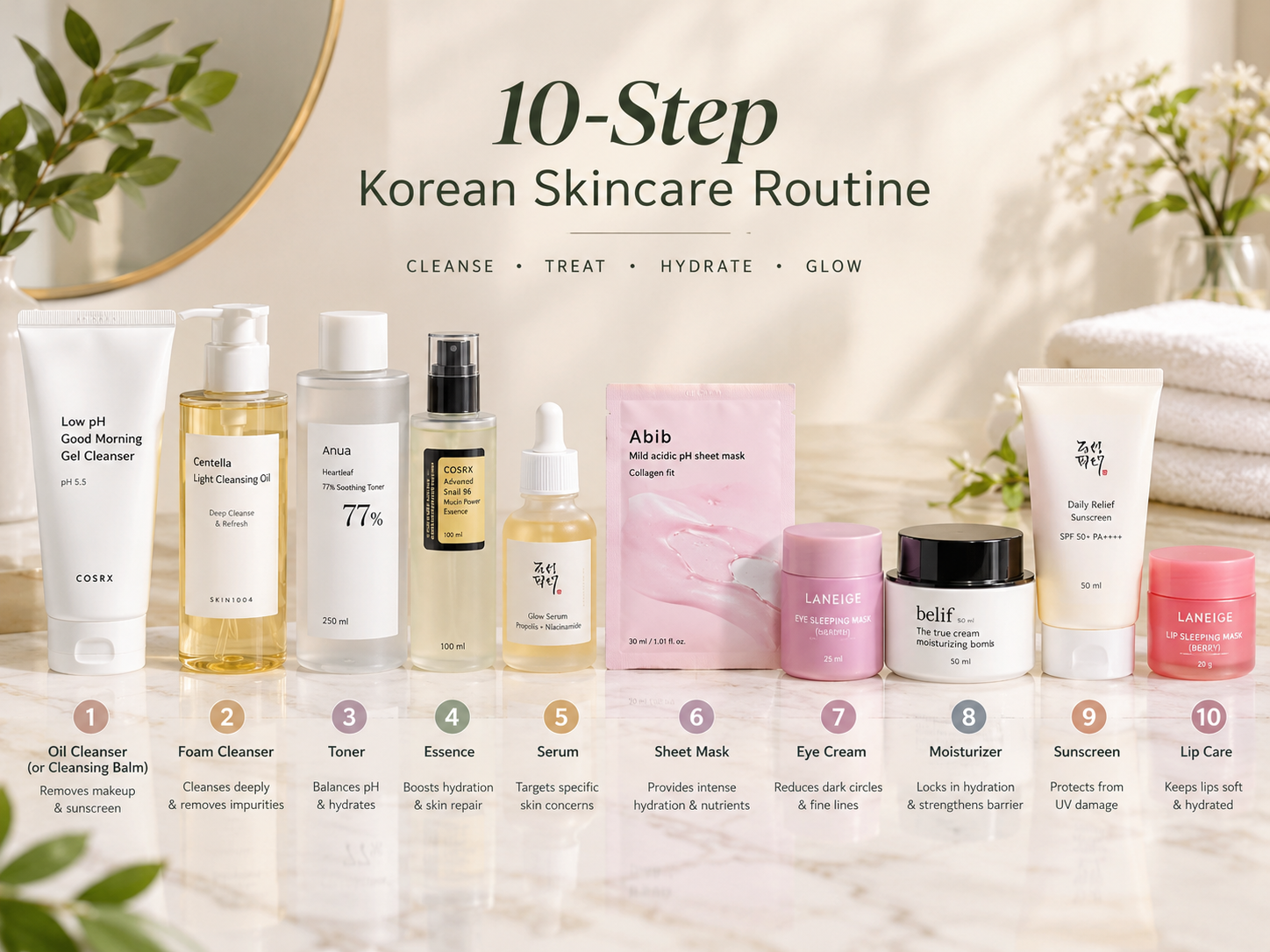 5-step vs 10-step Korean skincare highlighting ten product categories